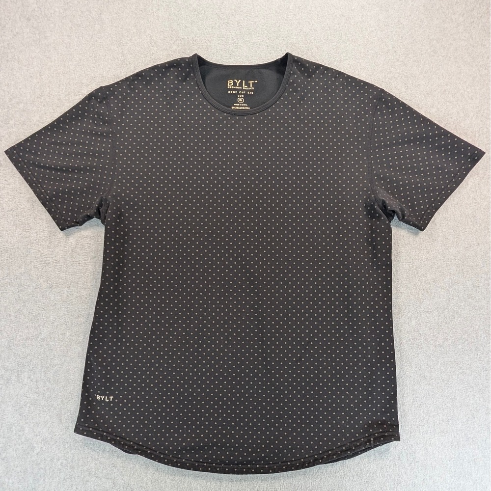 BYLT Premium Basics Drop Cut SS LUX T-Shirt Mens XL Black Polka Dot Curved Hem